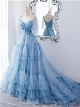 Picture of Lovely Light Blue Tulle with Straps Layers Long Formal Dress, Blue Evening Gown Party Dress